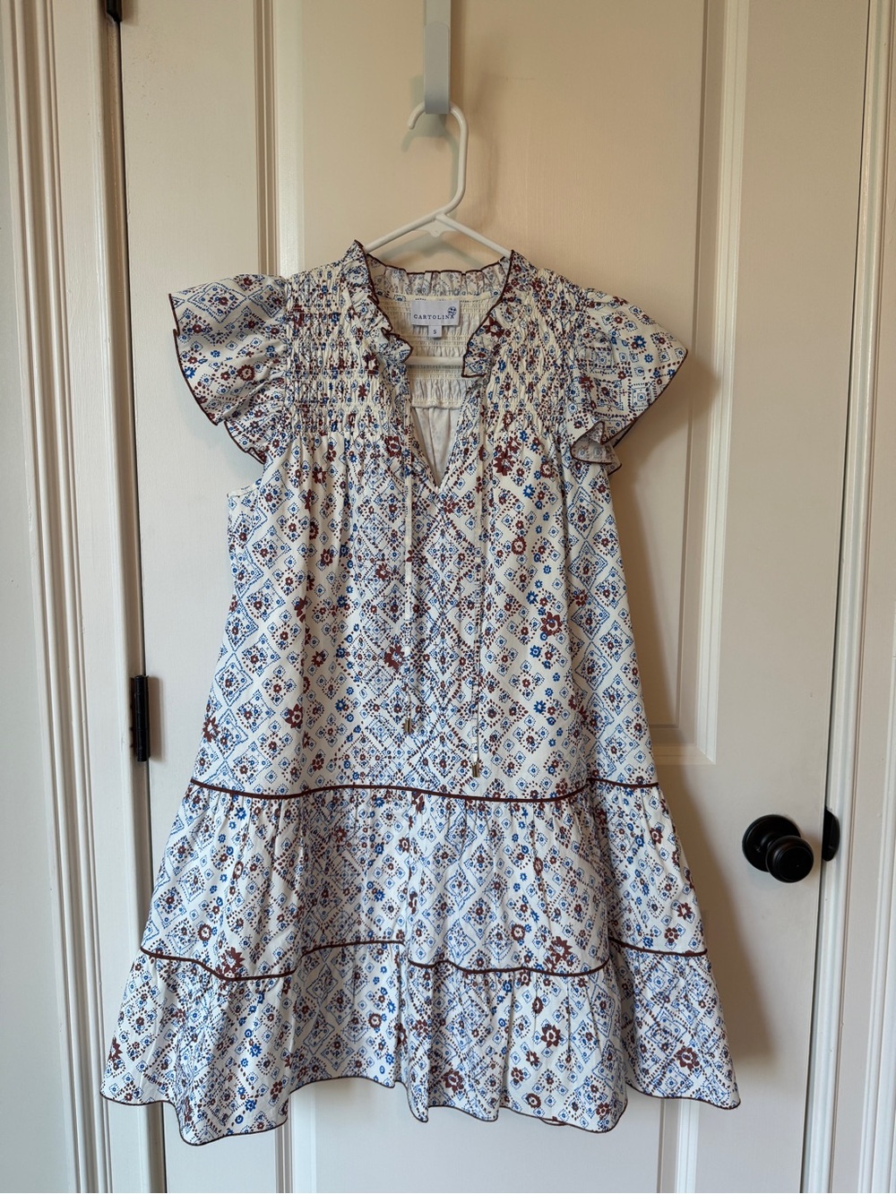 Cartolina Nantucket White Printed Ruffle-Sleeve Mini Dress with Blue & Brown